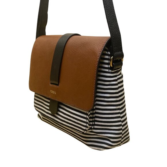 Fossil Women’s Brown Leather Black & White Striped Canvas Crossbody Bag - Picture 3 of 16